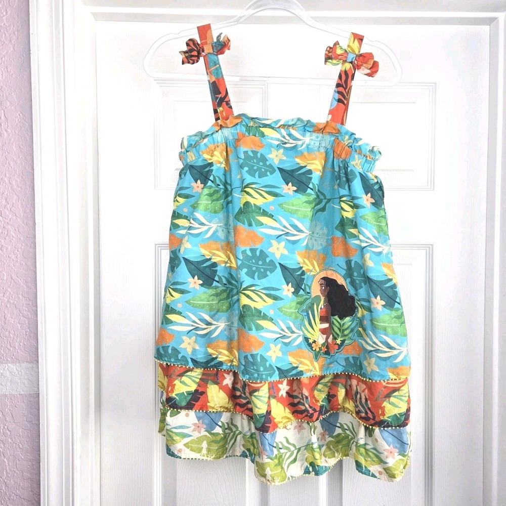 Disney Moana Girls Dress Size 9 / 10 Cotton Tropical Sleeveless Ruffle Tier